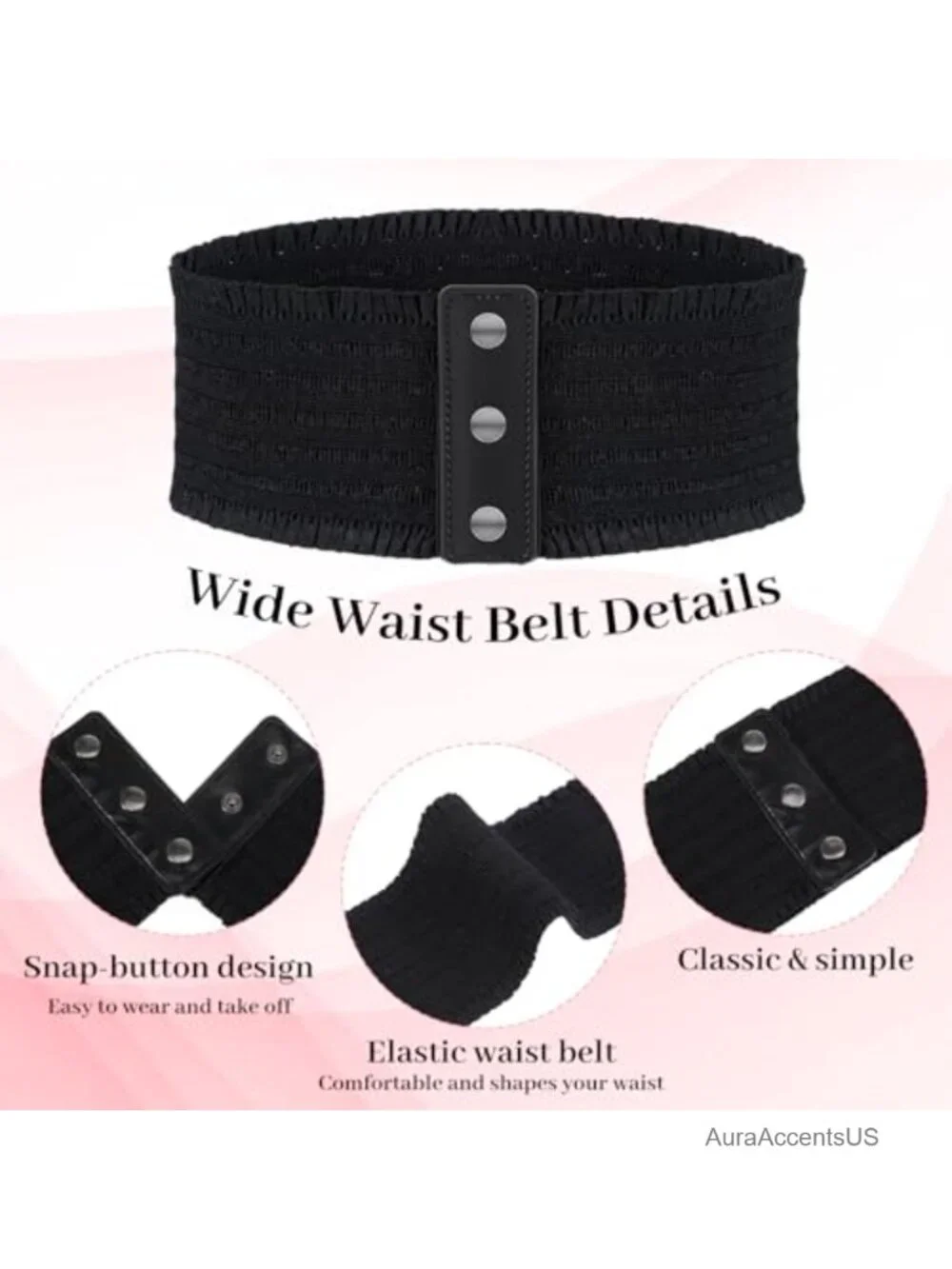Wide Elastic Waist Belt with Snap Fastener for Dresses
